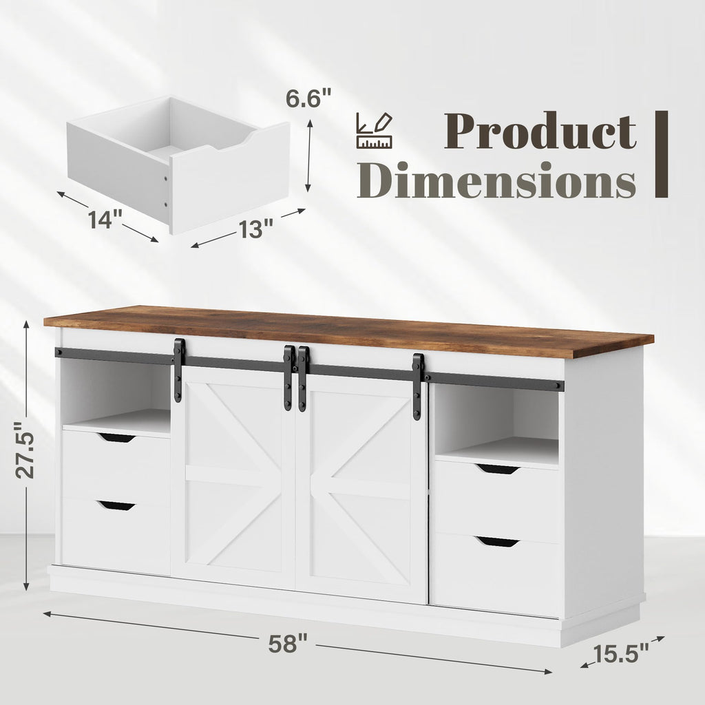 58" Farmhouse TV Stand for TVs up to 65", 4 Drawers, Milk White