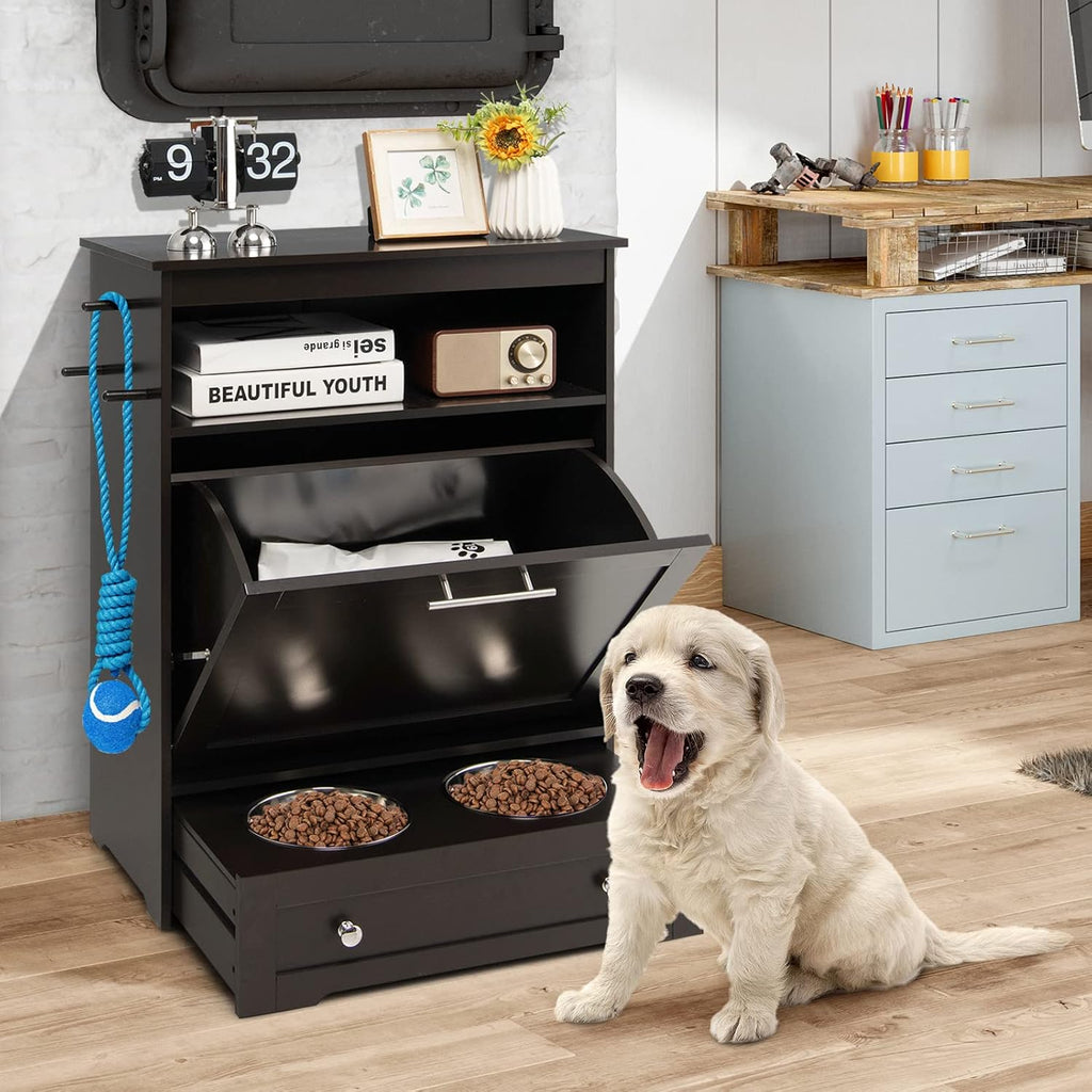 Pet Feeder Station, Dog Food Storage Container With Double Pull Out Bowls, Food Toy Organizer Cabinet, Feeding