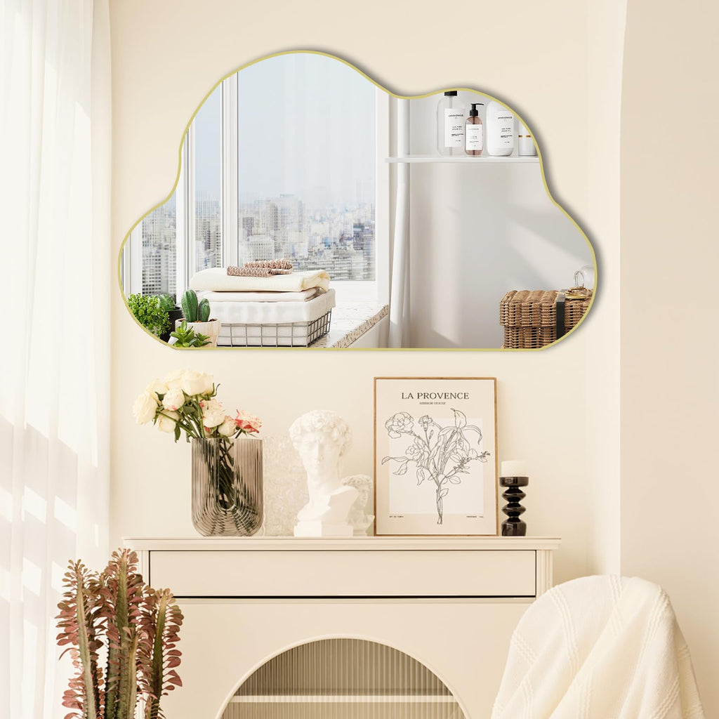 Gold Irregular Mirror, 33.5"x20.5" Cloud Shaped Mirrors, Asymmetrical Wall Mirror, Abstract Funky Frameless Mirrors