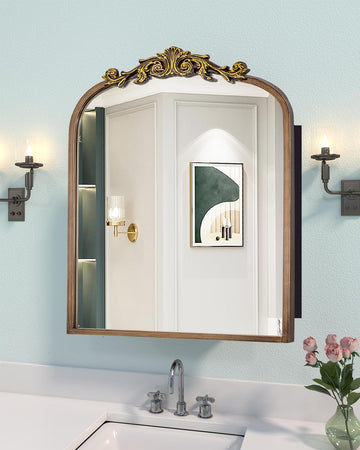 24x30 Inch Bathroom Medicine Cabinet Surface Mounted, Medicine Cabinet with Arched Mirror, Hand-Painted Bronze