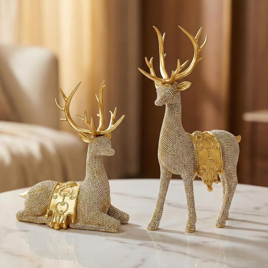 Gold Reindeer Figurines Set of 2 for Christmas Tabletop Decor