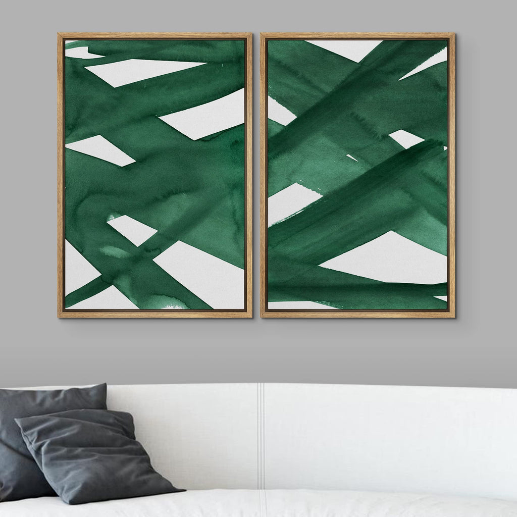 Framed Wall Art Print Set Intersecting Lines Dark Green Colors Geometric Shapes Illustrations Modern Art Contemporary
