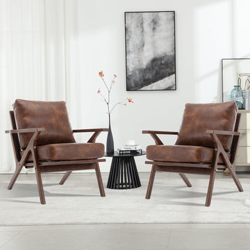Mid-Century Modern Accent Chair Set of 2, PU Leather Living Room Chair and Soft Thick Padded Armchair Bedroom
