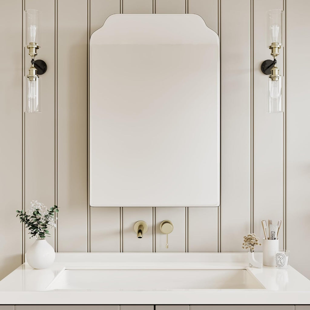 Victorian Medicine Cabinet with Arched Mirror, Overall 17.5"W x 29"H | Recessed or Surface Mount, 16.1"W x 24"H Wood