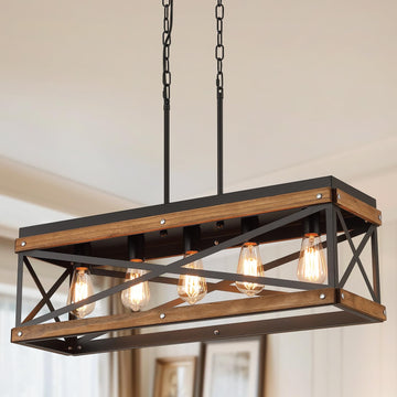 Rustic Farmhouse Wood Kitchen Island Lighting, 5 Lights Rectangular Pendant Light Fixture, Adjustable Chain Oak Wood