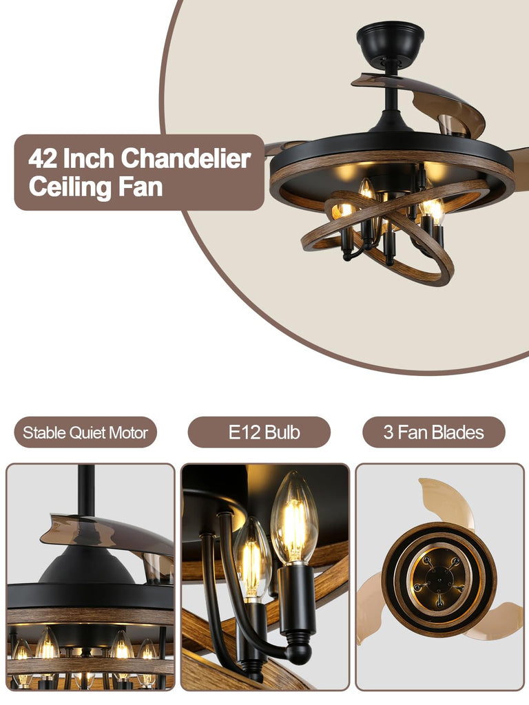 42" Retractable Chandelier Ceiling Fan with Light Rustic Farmhouse Ceiling Fan