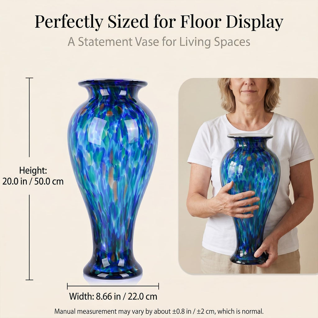 20" Tall Teal Blue Glass Vase Hand Blown Large Floor Glass Vase Home Decor, Pretty Modern Teal Blue Flowers Vases