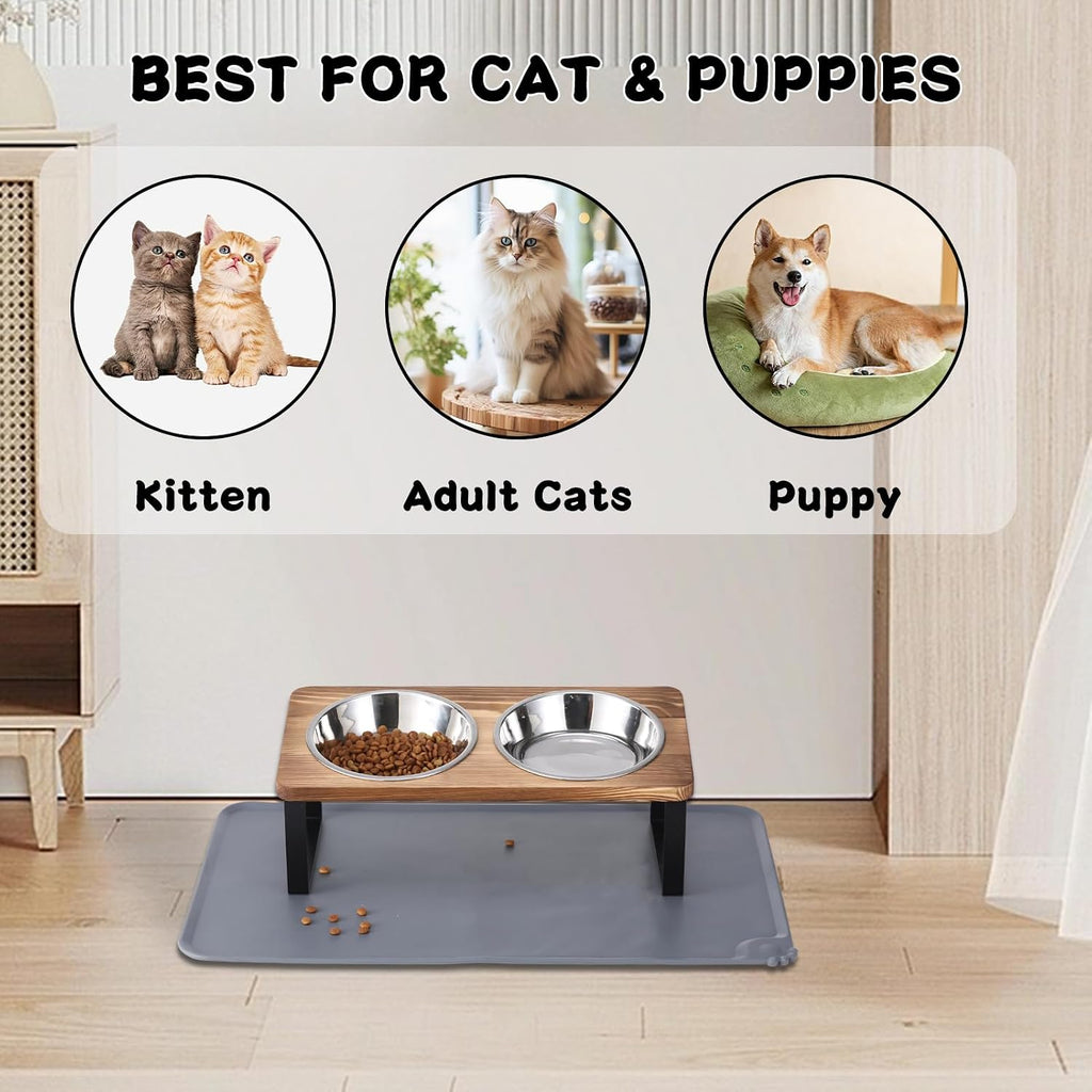 Upgraded Elevated Cat Bowls with Food Mat, 15°Tilted Stand Anti Vomiting Raised Cat Dishes for Food and Water, 2