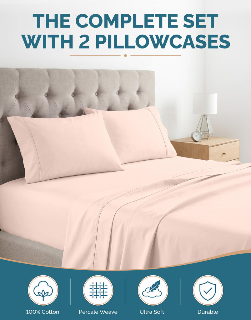 100% Cotton Twin Size Sheets Set - 4 Piece Crisp Percale Twin Size Cooling Sheets, Lightweight for Summer, with 15"