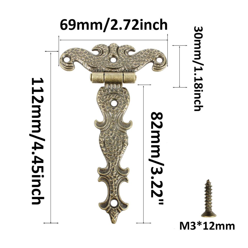 6PCS 4.45" x 2.72" T-Strap Hinges Door Hinge, T Shape Engraving Design Gate Hinge, Vintage Decorative Door Box Hinge