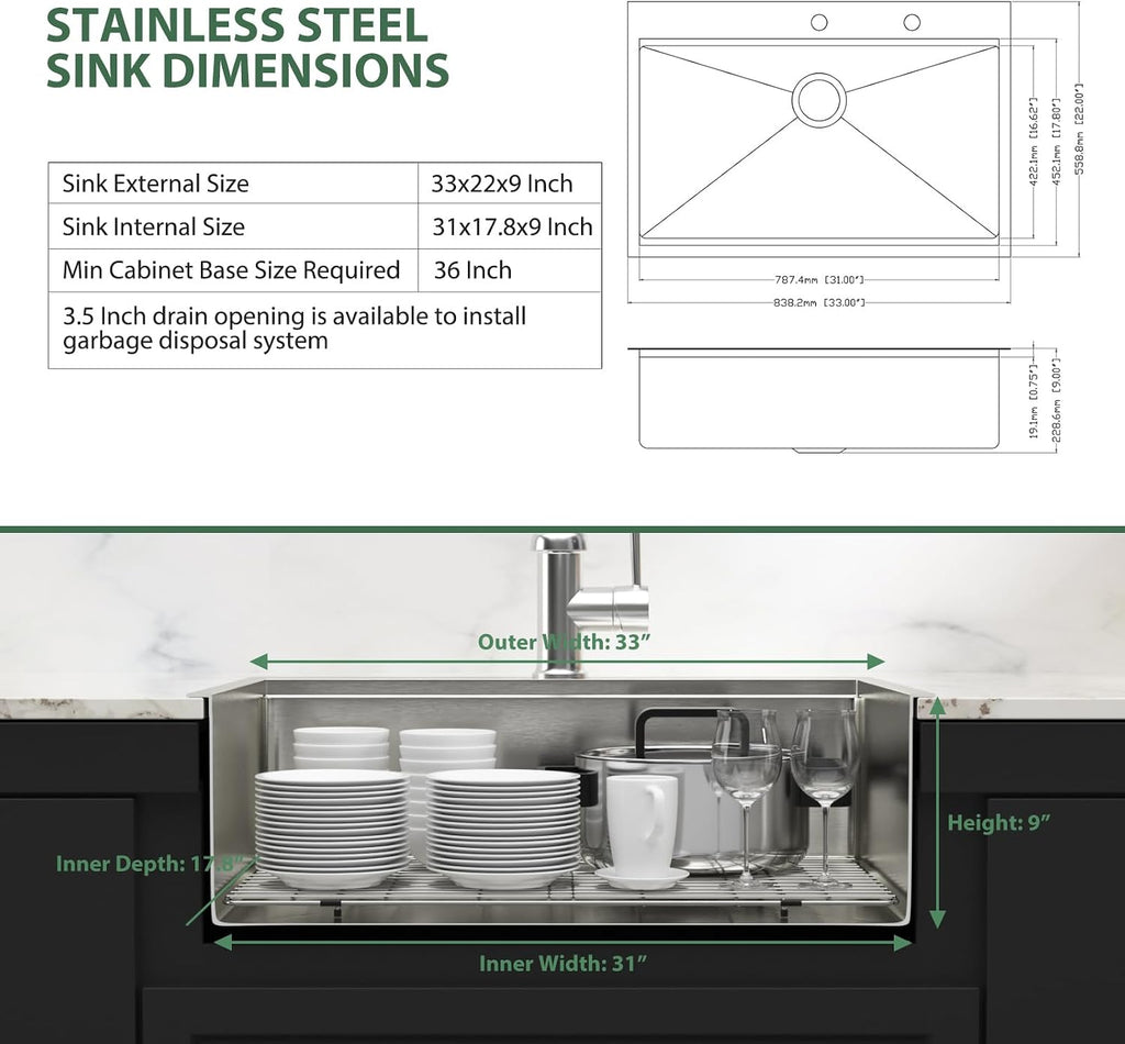 33x22 Drop In Workstation Kitchen Sink with Accessories | 16 Gauge Stainless Steel, Single Bowl, Round Corner