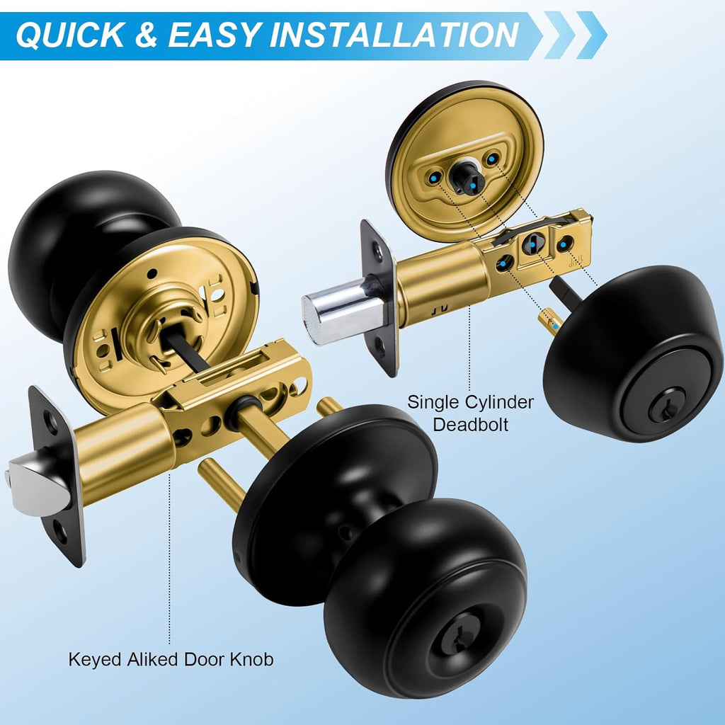 5 Pack Front Door Lock Set Matte Black,Exterior Door Lock Set with Deadbolt,Single Cylinder Deadbolt Lock and Door - Door Knob