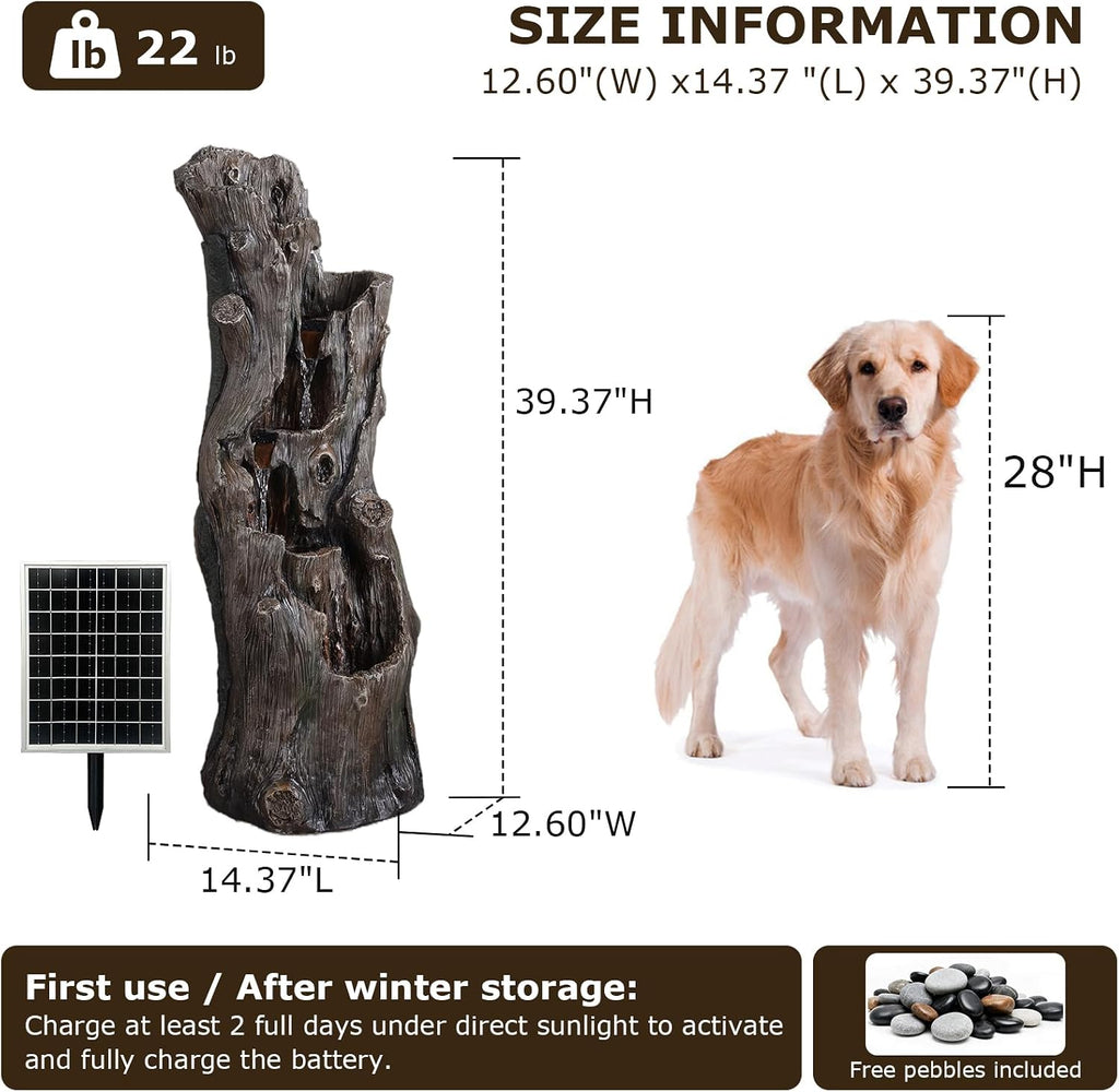 39.37" Tall Solar Water Fountain Outdoor Garden Faux Tree Stump | 5 Tier Solar Powered Water Fountains with LED