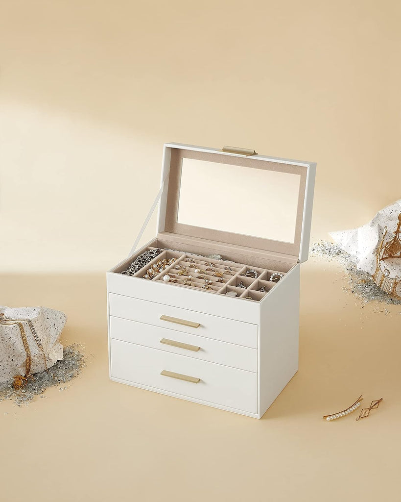 Jewelry Box Organizer, 4-Layer Storage with 3 Drawers, Glass Lid