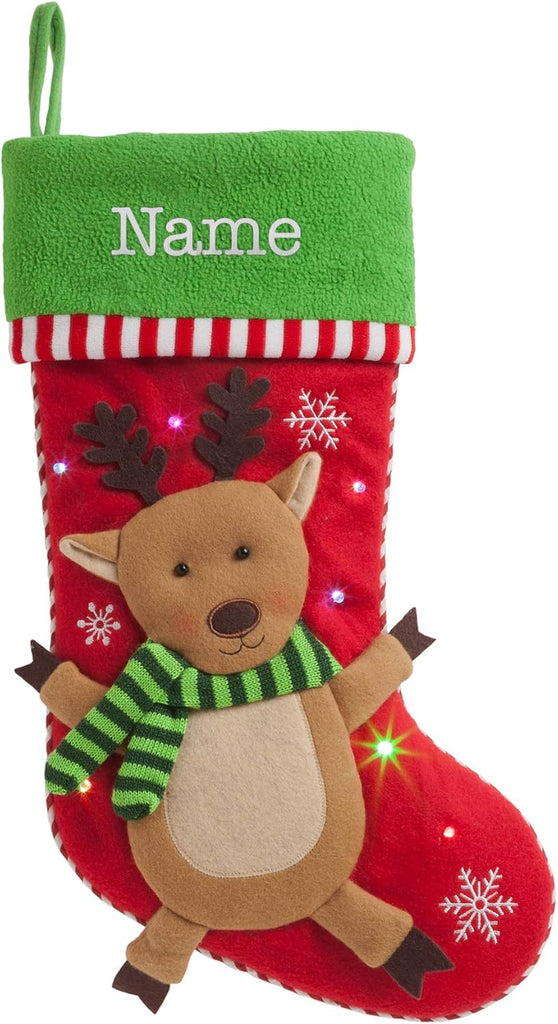 Reindeer with LED Lights and Name Embroidery | 3-D Character Stocking with Colorful Twinkling Lights | Green Cuff