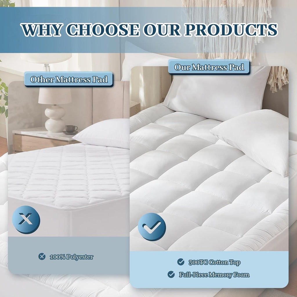 Cotton Top Mattress Topper Full Size, with Memory Foam Layer | Pillow Top Mattress Pad for Back Pain Relief, Mattress