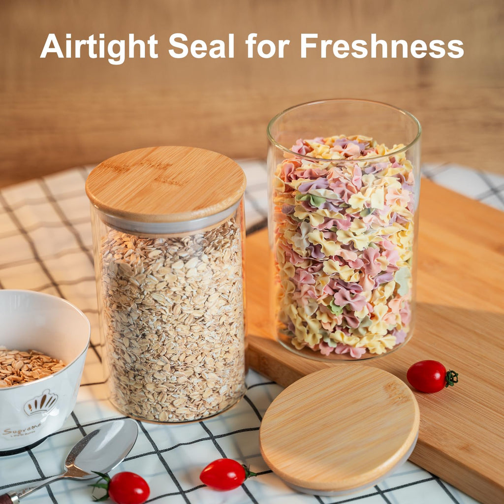 Glass Food Storage Jars 6-Pack 37oz - 4x6 in-Clear Glass Food Canisters with Bamboo Lid Airtight For Serving Tea