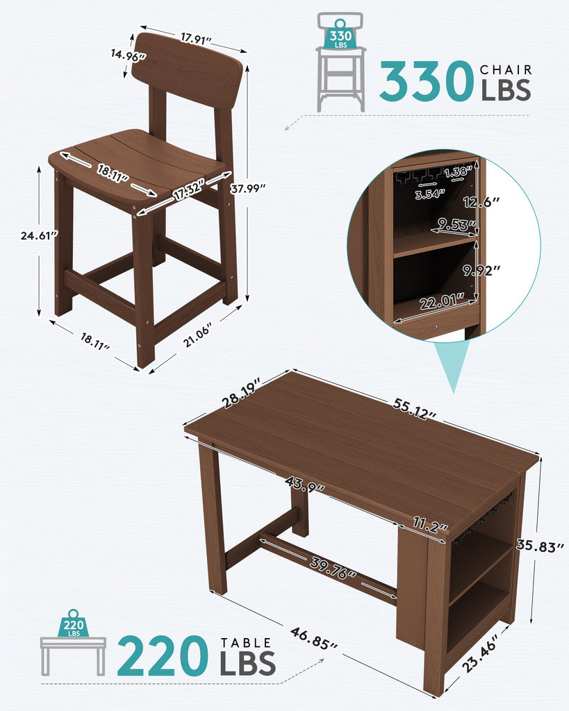 Outdoor HDPE Counter-Height Bar Table with Storage Rack, Brown