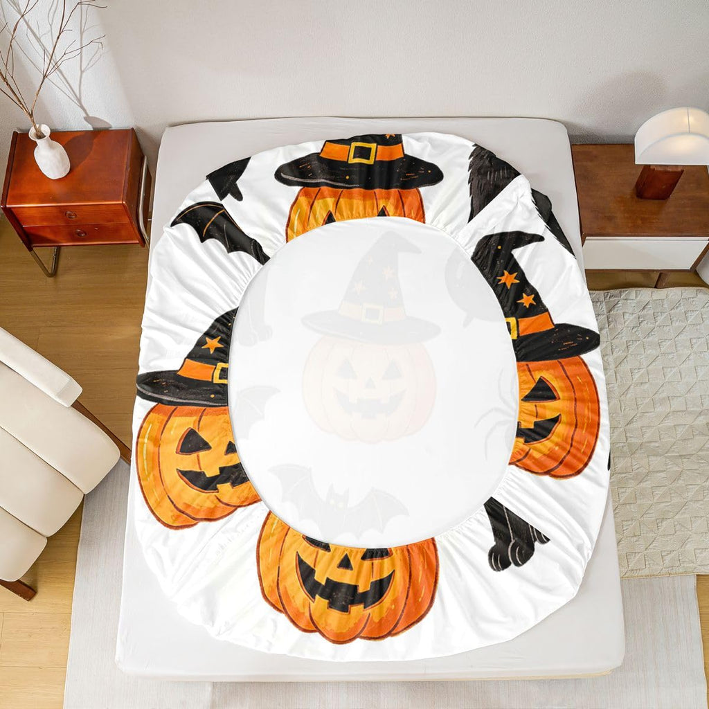 Halloween Bed Sheets Set Queen Size Pumpkin Bed Set Bats Deep Pocket Fitted Sheet Cats Breathable Soft Lightweight