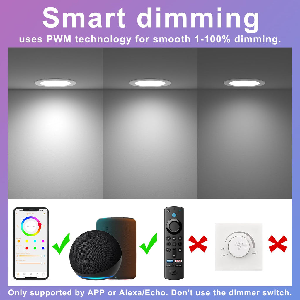 Smart Recessed Lighting 4 Inch RGBCW Color Changing 12W LED Downlight with Junction Box,1080 Lumen Recessed Ceiling