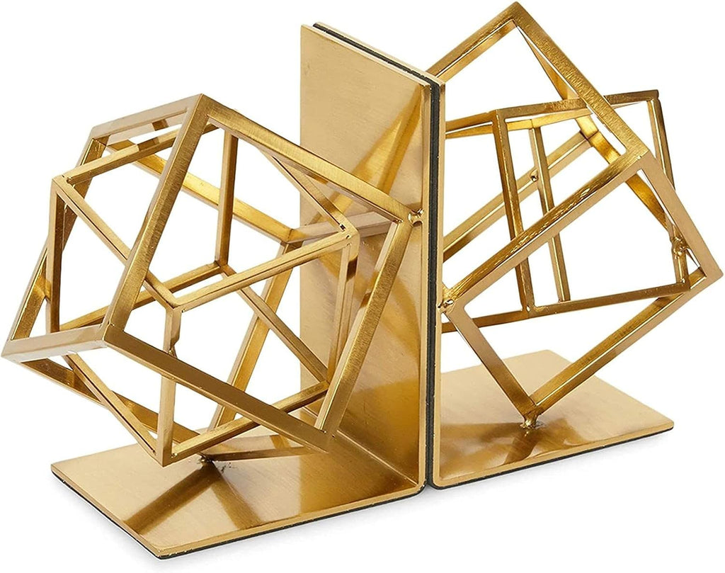 Gold Bookends - Heavy-Duty Metal Book Ends for Bookshelf Decor - Geometric Square Style for Decorative Books Display