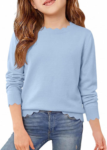 Sweaters Long Sleeve Crewneck Scalloped Trim Sweaters
