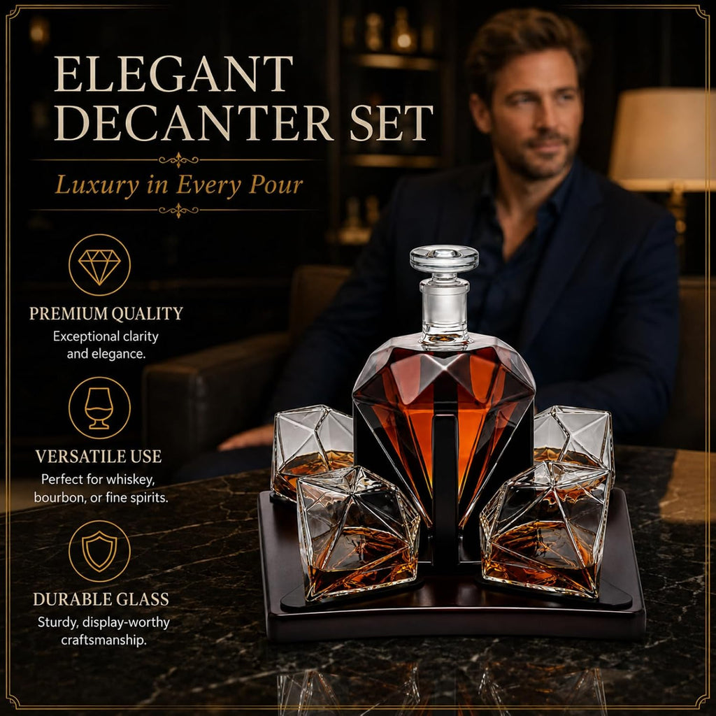 Ry Diamond Whiskey Decanter Set with 4 Matching Glasses & Mahogany Wood Base - 750ml Hand-Blown Borosilicate Glass - Set of 5