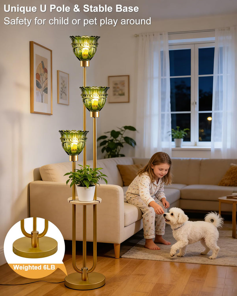 3-Light Green Tulip Glass Floor Lamp with Side Table, Mid Century Modern Gold Tall Standing Lamp, 3000K Warm White