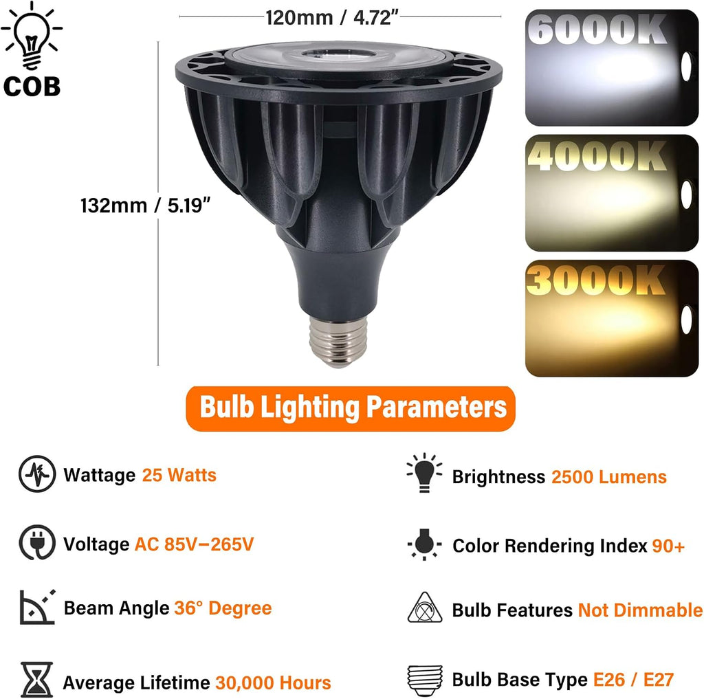 ) PAR38 Flood Light LED Bulb 25 Watt COB Grow Lights (200 Watt Eqv.) 2500 Lumens Spotlight, 36° Beam Angle