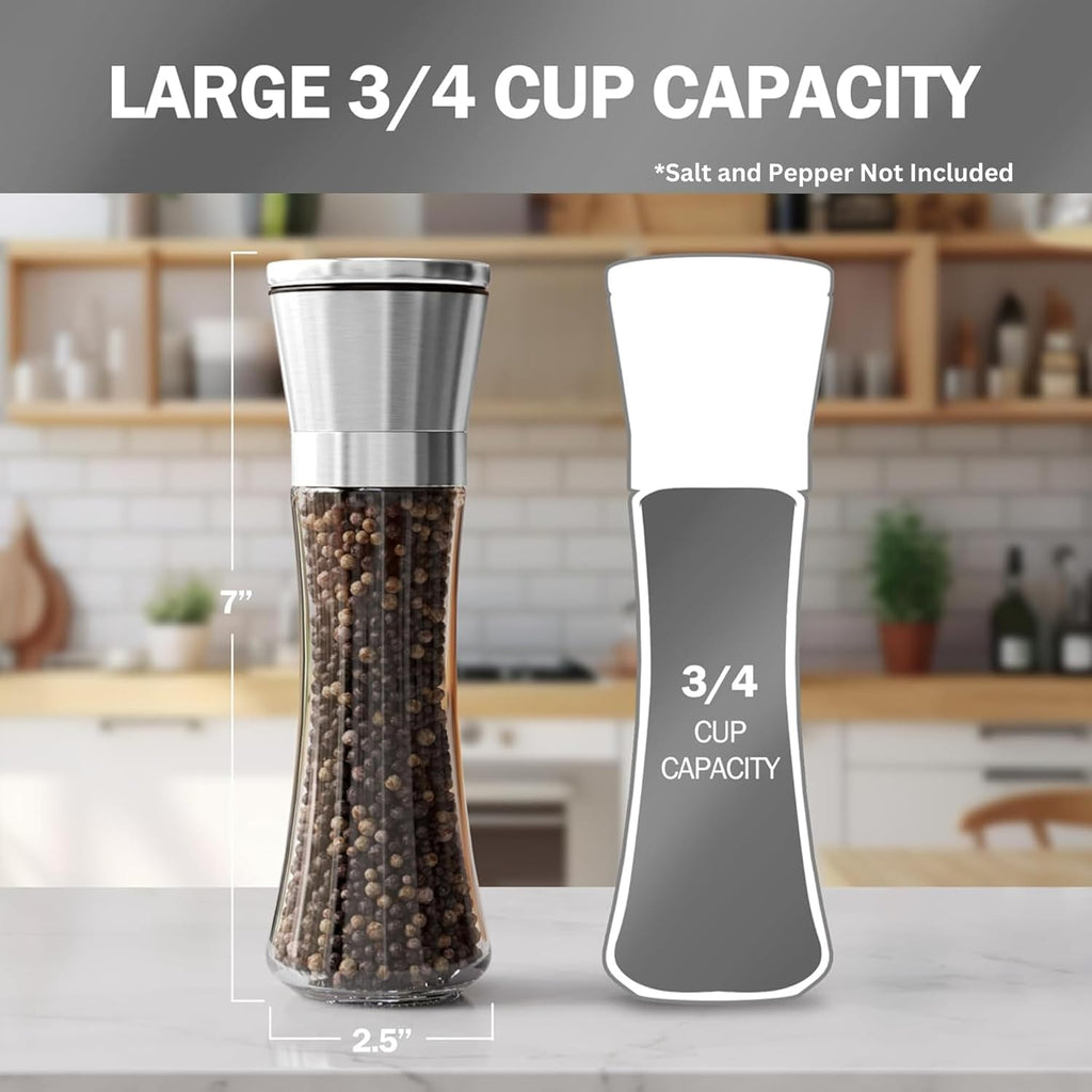 Premium Stainless Steel Sea Salt and Pepper Grinder - Adjustable Ceramic - Tall Glass Salt and Pepper - Set of 2
