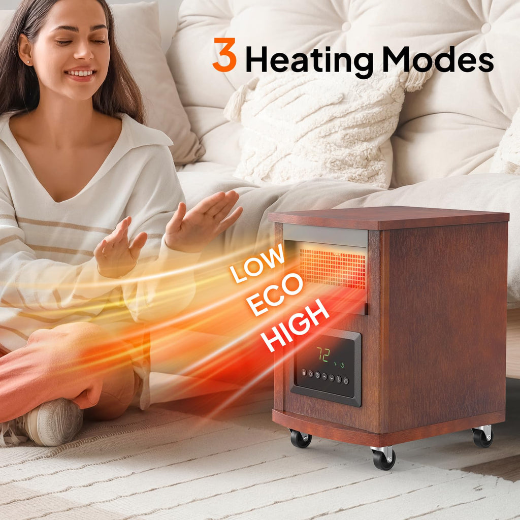 Electric Space Heater with Remote Control, 1500W Portable Quartz Infrared Heaters with Wheels, 12H Timer, Tip-Over &