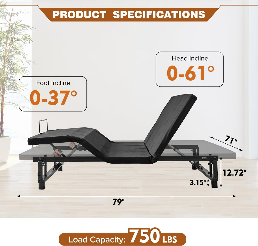 Ergonomic King Size Adjustable Bed Base, Wireless Remote Control, Whisper Quiet Durable Motor, Independent Head