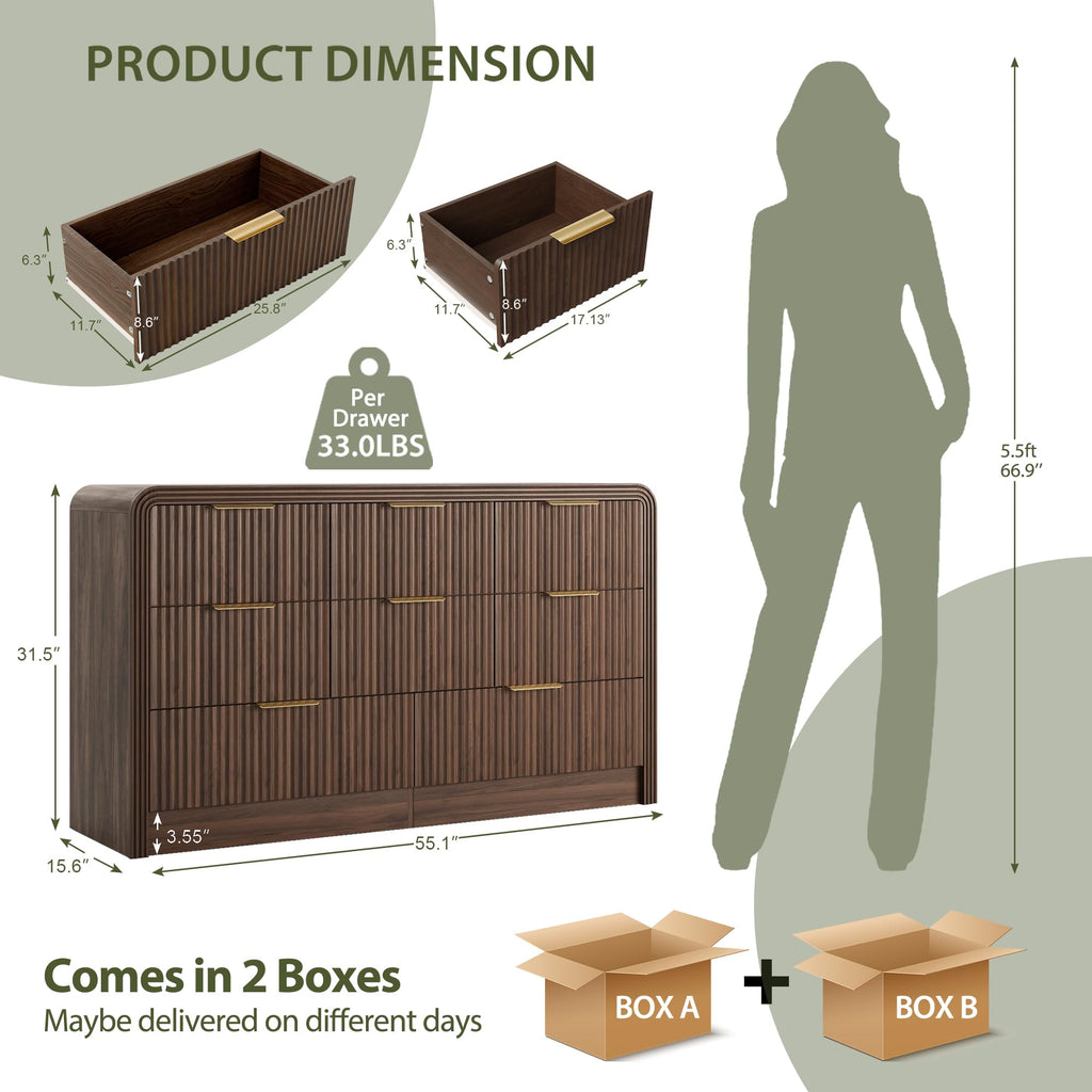 55" W Fluted 8-Drawer Dresser, Walnut