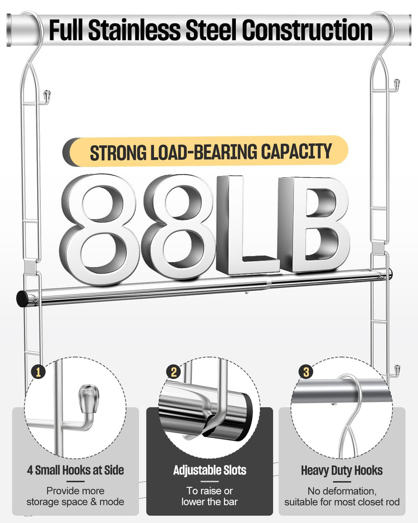 Hanging Closet Rod with Side Hooks, Adjustable Height & Width