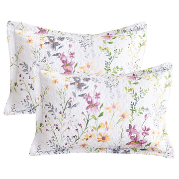 Ladyann Quilted Pillow Shams Standard Size 20x26, 2-Piece Botanical & Wild Floral Pattern Printed Pillow Covers, Soft