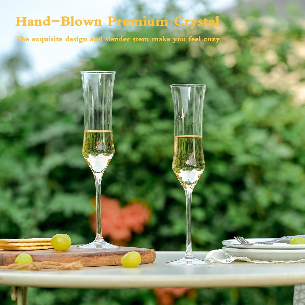 Champagne Flutes Set of 6 - Hand Blown Crystal Champagne Glasses With Long Stem - 7 oz Elegant Sparkling Wine