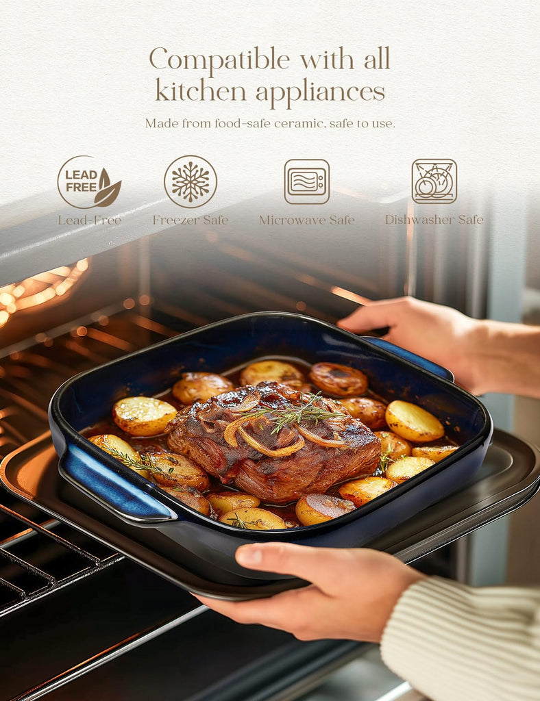 8x8 Baking Pan Ceramic Square Baking Dish with Handle for Brownie 48oz Blue