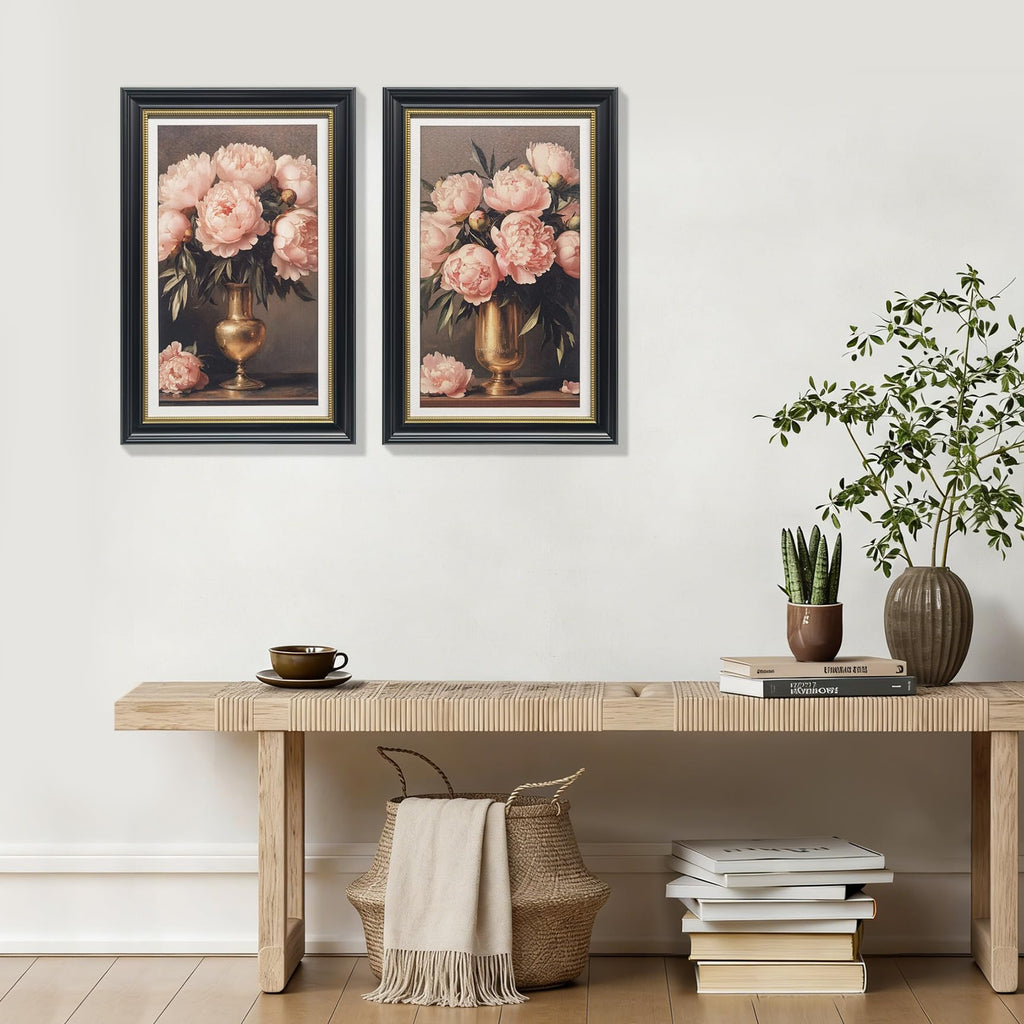 Large Black Framed Wall Art Set of 2, Pink Peony Floral Canvas Prints & Art Painting Artwork | Dark Moody Aesthetic