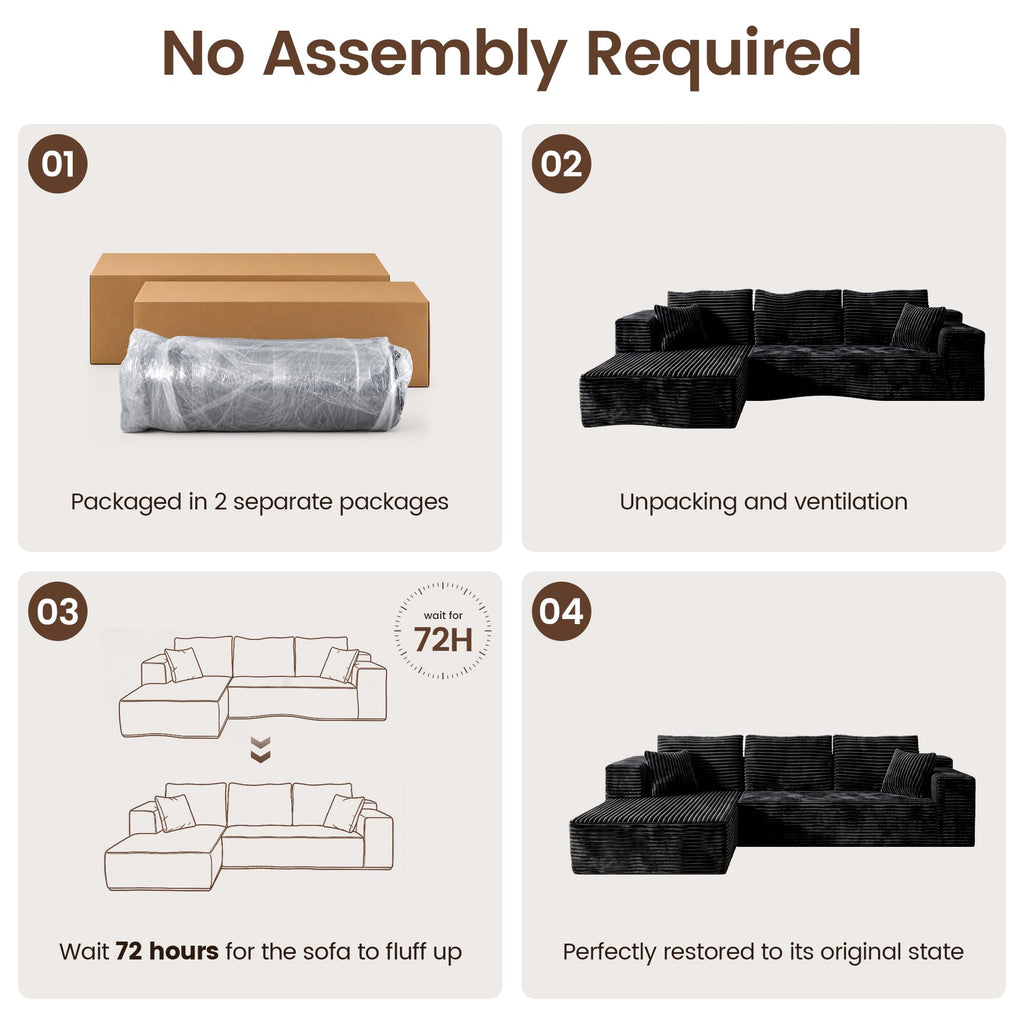 108" L Shaped Boneless Couches, Comfy Modular Deep Seat Compressed Corduroy Sofa, Side Pocket Black, Left Facing