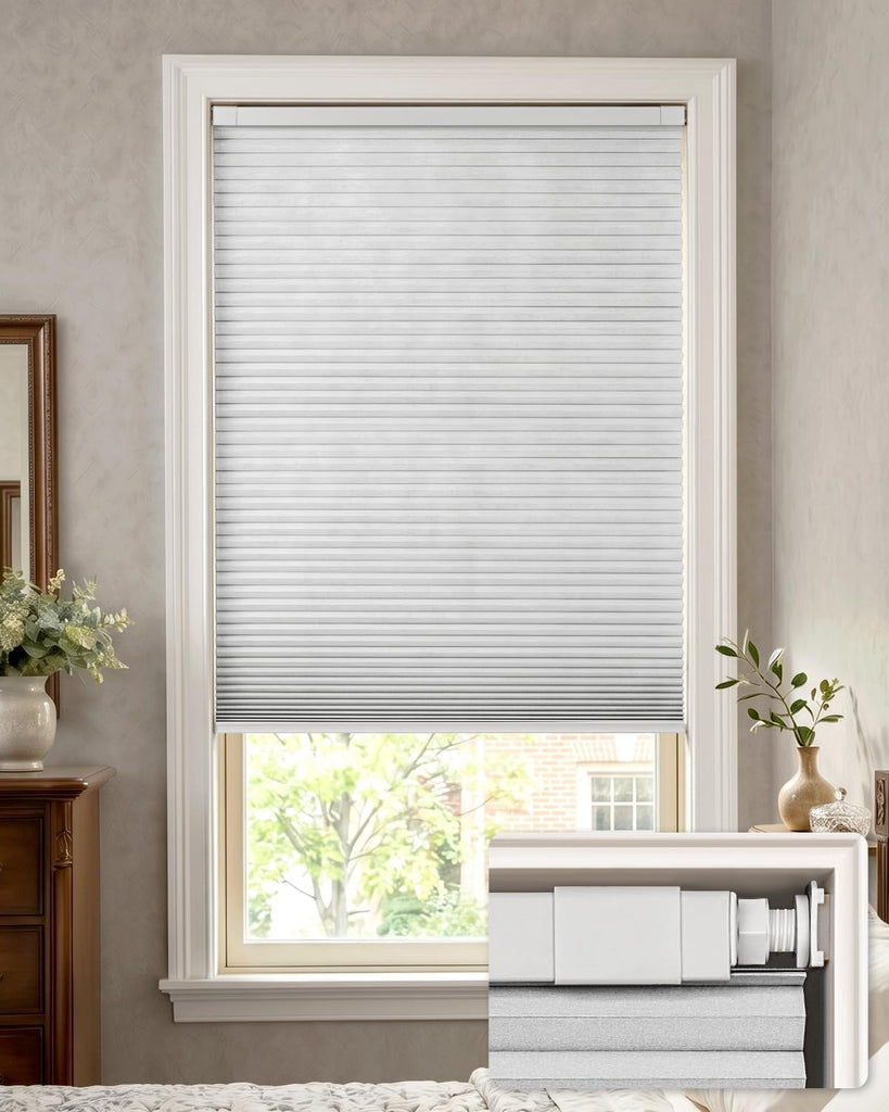 No Drill Blackout Cellular Shades, White | No Tools Cordless Honeycomb Blinds Thermal Insulated, Noise Reducing