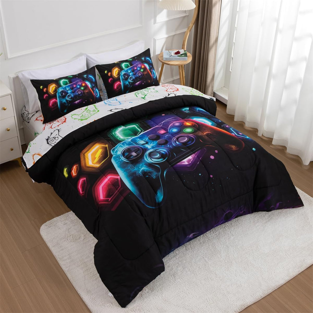 Game Console Comforter Set for Boys Girls Kids Space Universe Gaming Geometric Lightweight Microfiber Gamer Bedding