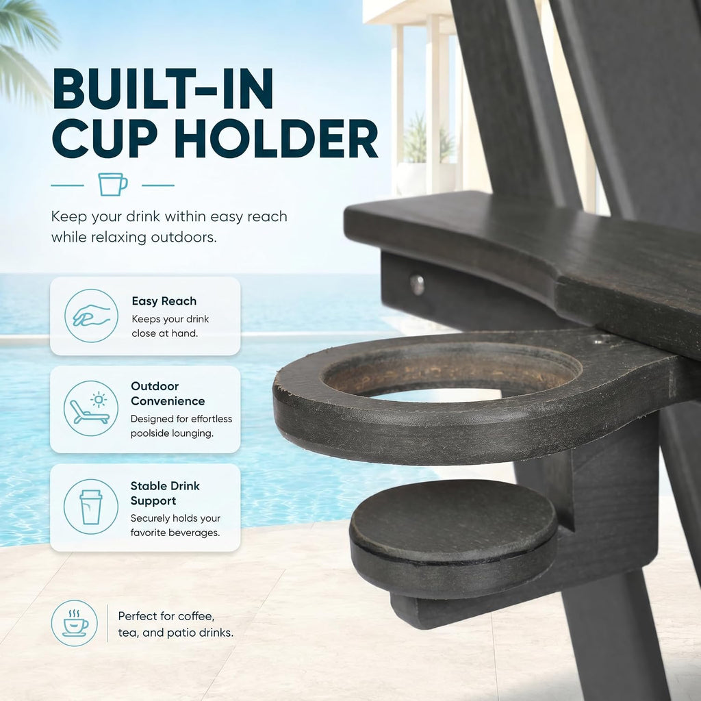 HDPE Folding Adirondack Chair, Outdoor Patio Chair with Cup Holder, Weather Resistant, Fire Pit Porch Deck Garden