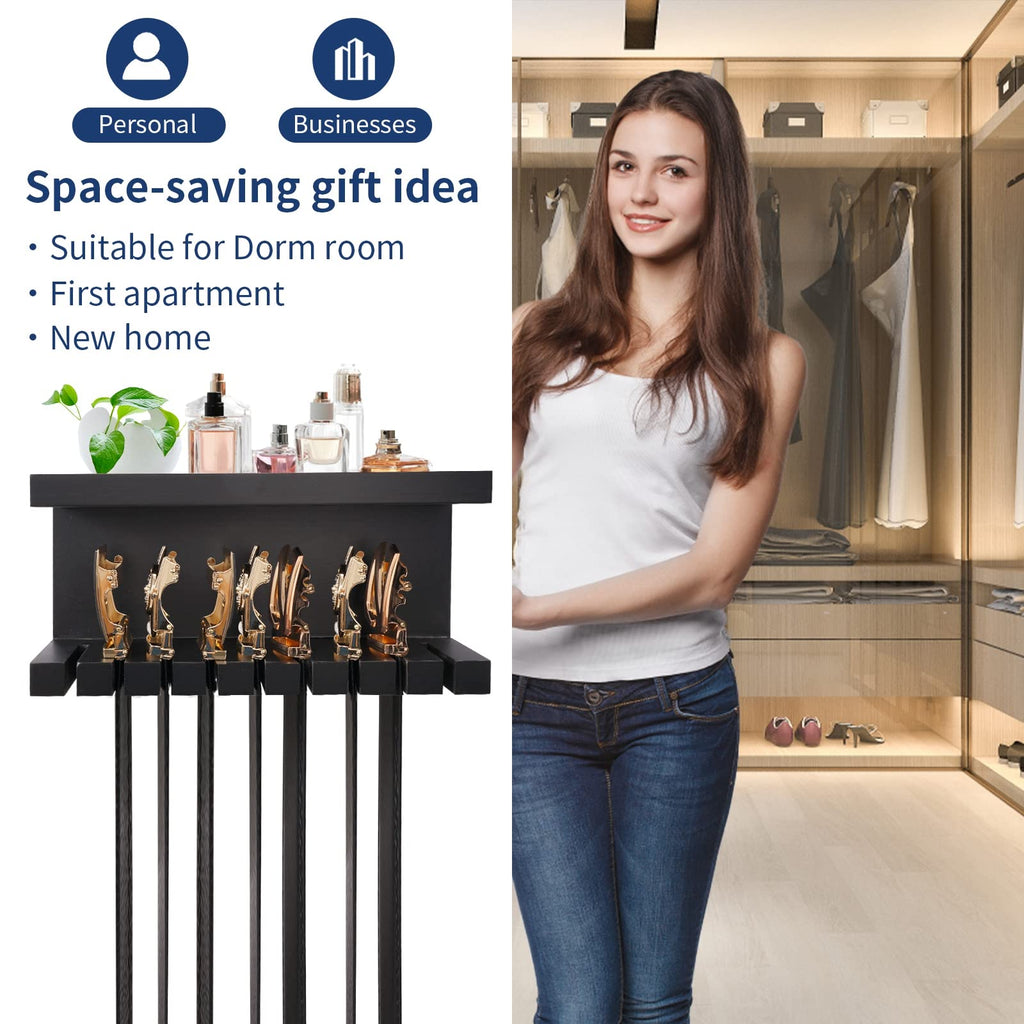 Belt Organizer - Wall Mounted Hanger with Double Shelving, Universal Rack for Men & Women, Black