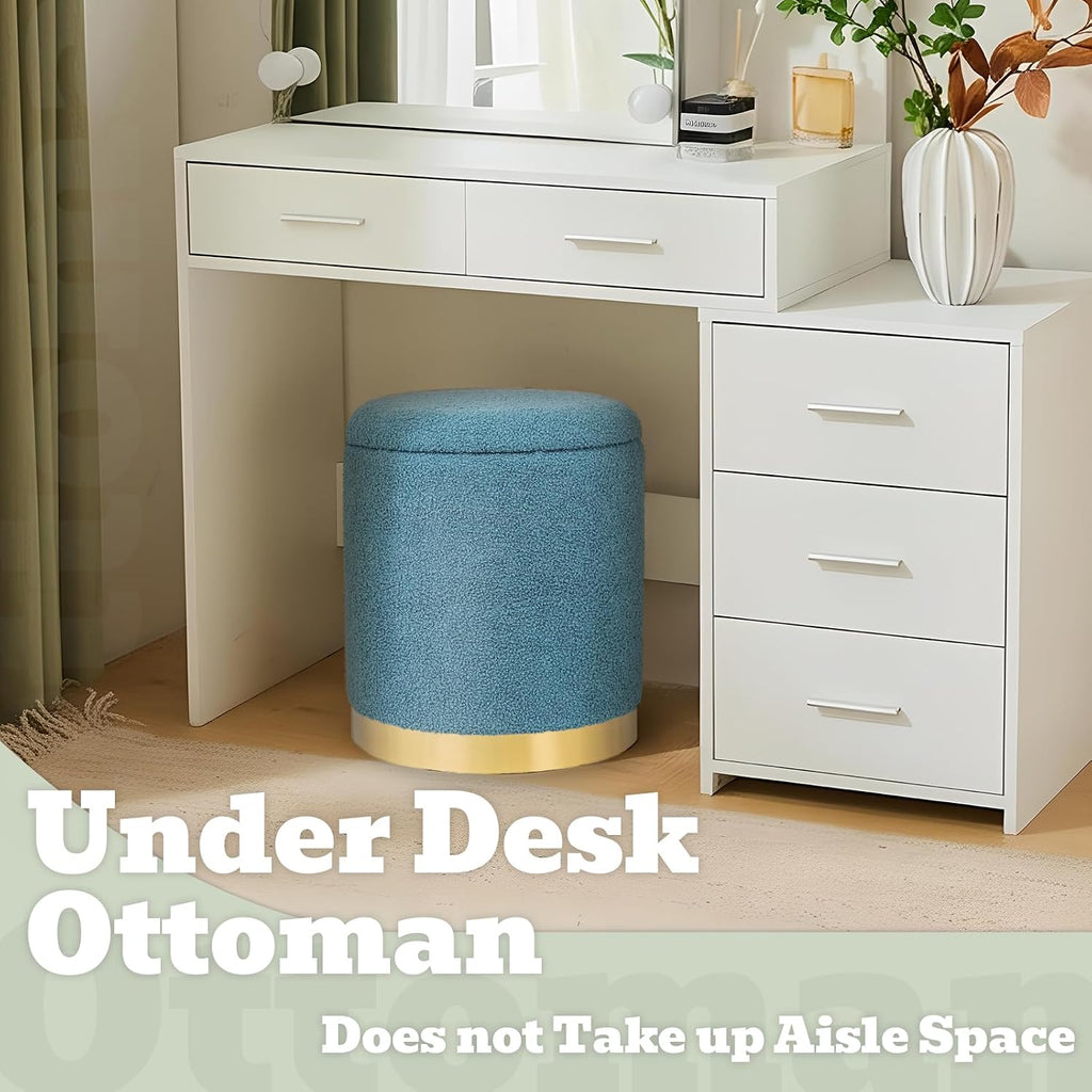 Boucle Round Storage Ottoman with Removable Lid, Small Upholstered Foot Rest Stool with Gold Plating Base, Living