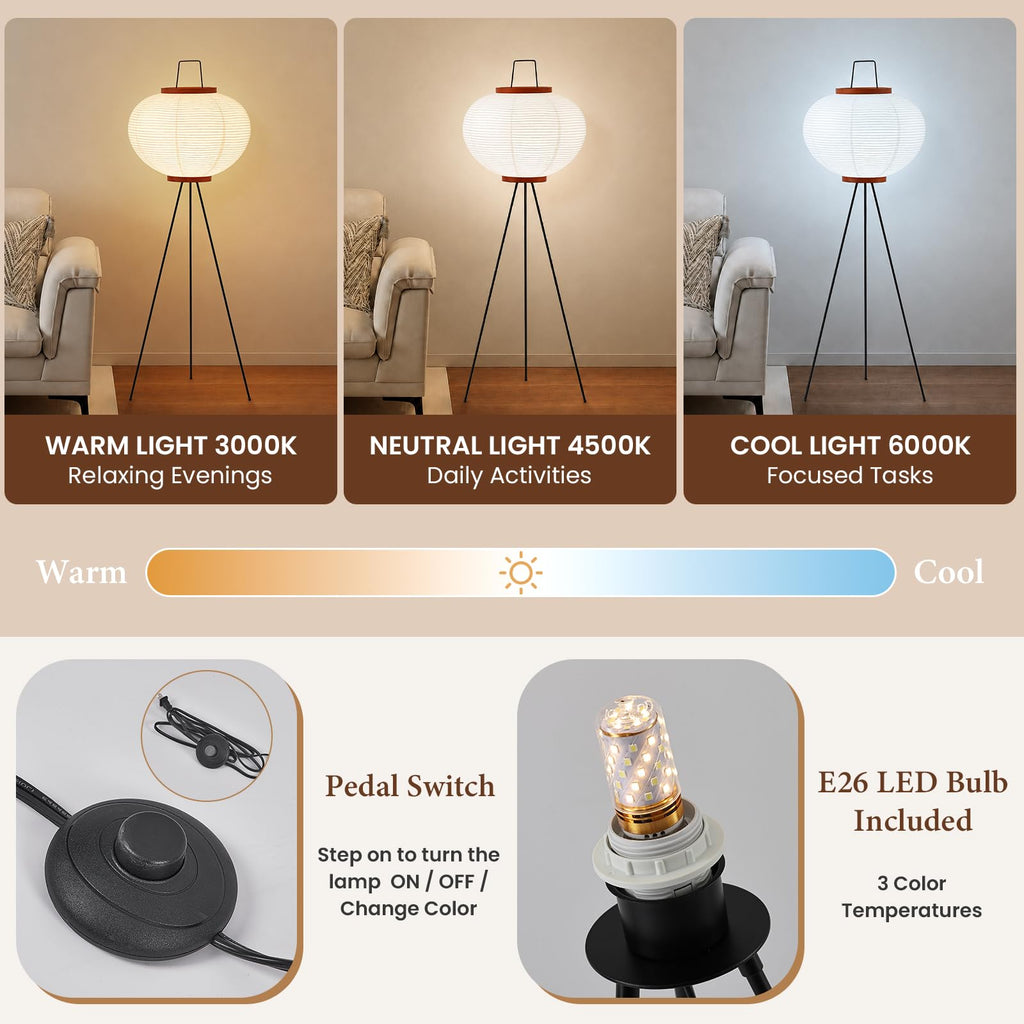 Rice Paper Noguchi Floor Lamp: 3CCT Bulb Japanese Akari Lamp 51 Inches Tall