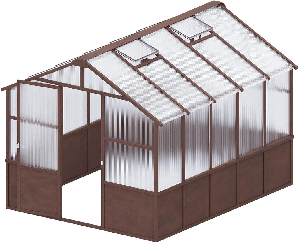 8x10 FT Outdoor Wooden Walk-in Greenhouse, Heavy Duty Pine Wood Green House with 6MM Thick Polycarbonate Panels