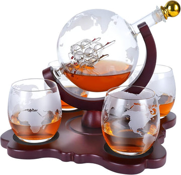 Gifts for Men Dad Husband Fathers Day, Whiskey Globr Decanter Set with 4 Etched Globe Glasses, Unique Anniversary