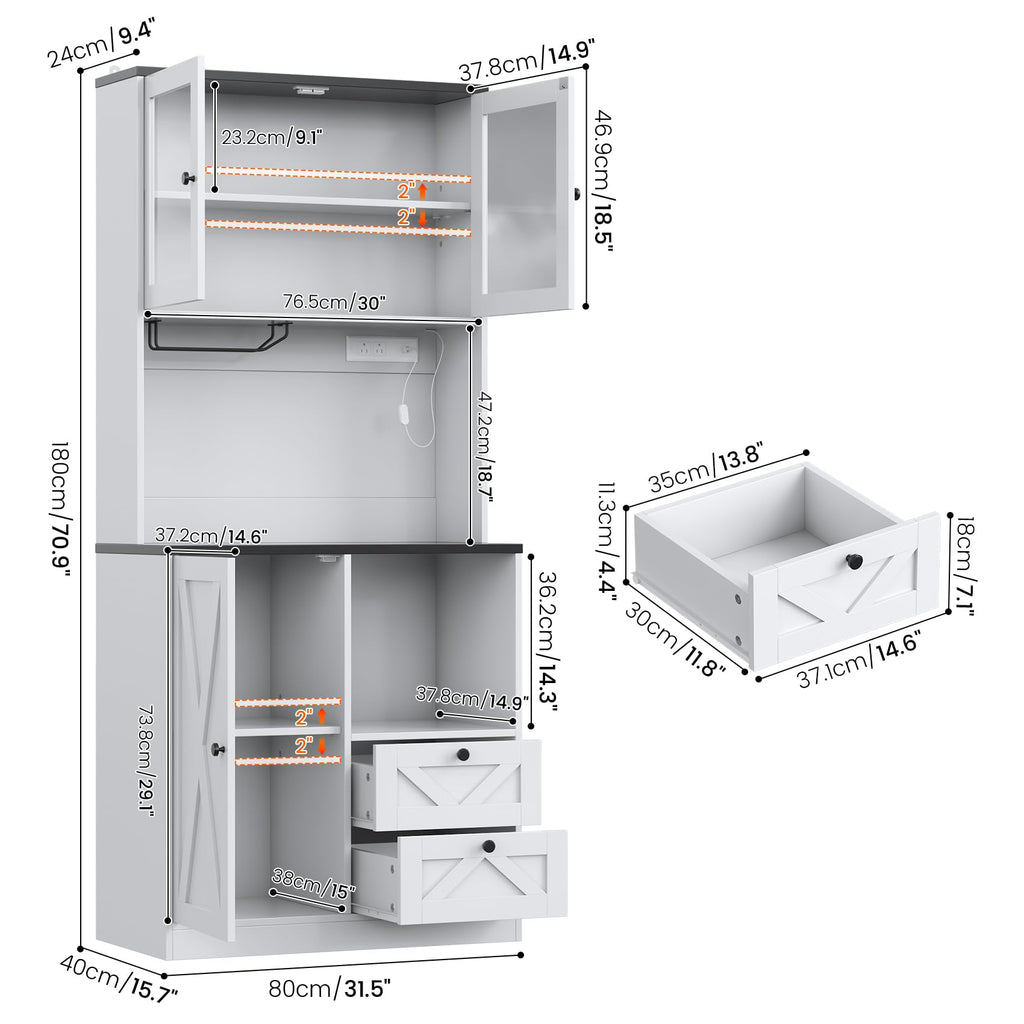 71" Tall Coffee Bar Cabinet with Storage Hutch, Farmhouse Kitchen Pantry Cabinet with LED Lights Microwave Stand and