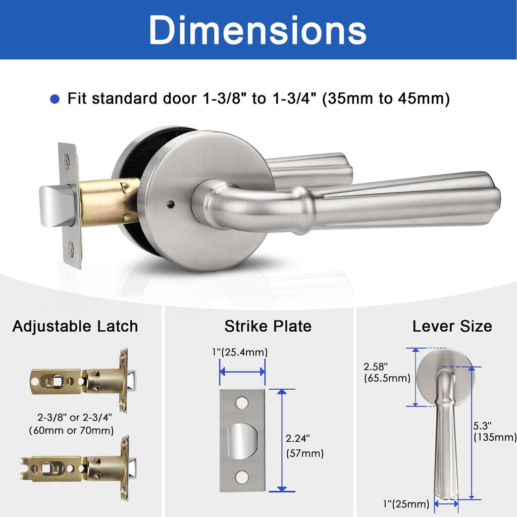 10 Pack Satin Nickel Privacy Door Lever Interior Door Handle with Lock, Keyless Bed Bath Door Handle Round Door Lever