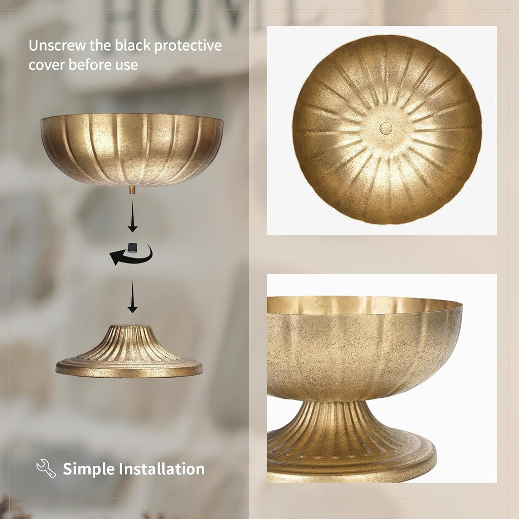 Gold Compote Vase for Centerpiece, 8.5" Wide Opening, 10 Pcs | Distressed Brass Urn, Short Pedestal Footed Bowl, for